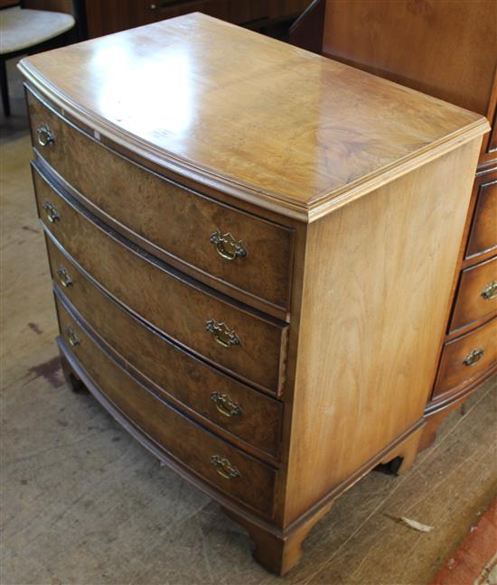 1930s walnut bow front chest of drawers